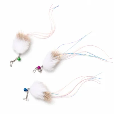 Three jellyfish wand cat toys with white rabbit fur, deer hair, ribbon-like reflective tentacles, and green, purple, and blue bells on white.