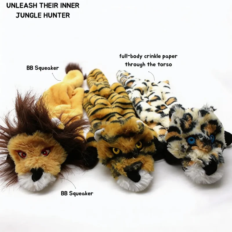 Jungle Hunter No-Stuff Squeaky Plush Dog Toy showing BB squeakers and full-body crinkle paper for interactive play