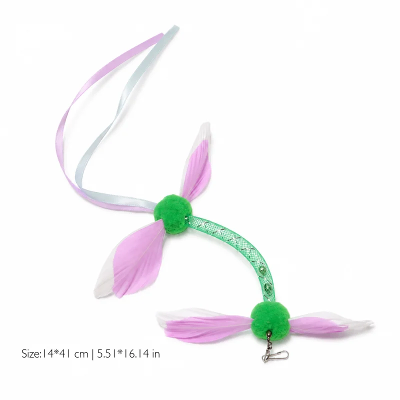 Green leaf inspired cat wand replacement toy with fluttering feather wings, plush details, and ribbon tail size measurement