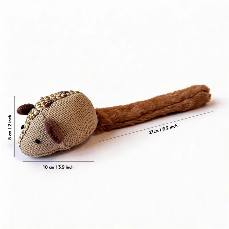 Cocoa Long Tail Crinkle Mouse Cat Toy Size Detail Cocoa Long-Tail Crinkle Mouse Cat Toy with burlap mouse head and soft plush tail, shown with size details: 5 cm high, 10 cm body, and 21 cm long tail.