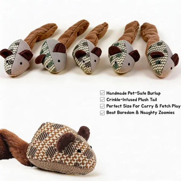 Long-Tail Crinkle Mouse Cat Toy in Green and Cocoa with handmade pet-safe burlap, crinkle-infused plush tail, carry-and-fetch size, and boredom-busting play features.