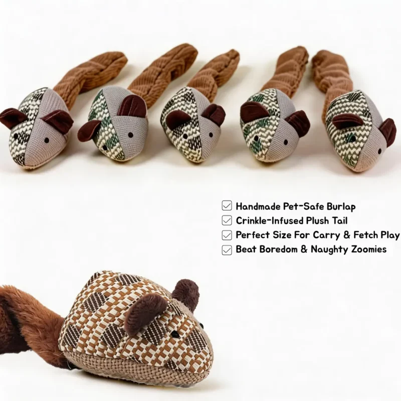 Long Tail Crinkle Mouse Cat Toy Feature Overview Long-Tail Crinkle Mouse Cat Toy in Green and Cocoa with handmade pet-safe burlap, crinkle-infused plush tail, carry-and-fetch size, and boredom-busting play features.