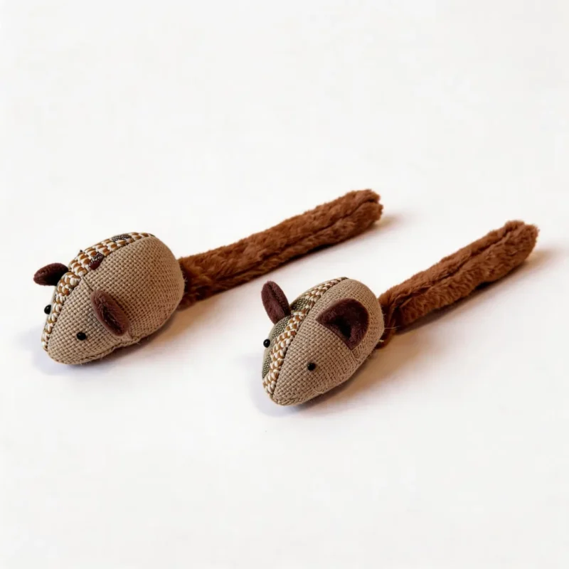 Green and Cocoa Long Tail Crinkle Mouse Cat Toy Pair Green and Cocoa Long-Tail Crinkle Mouse Cat Toy pair on a white background, featuring burlap mouse heads, brown plush tails, and soft ears for cat fetch and batting play.