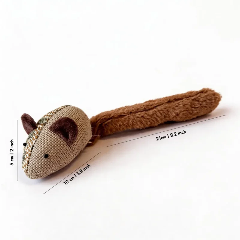 Green Long-Tail Crinkle Mouse Cat Toy Size Detail Green Long-Tail Crinkle Mouse Cat Toy with patterned burlap mouse body and plush tail, shown with size details: 5 cm high, 10 cm body, and 21 cm total length.