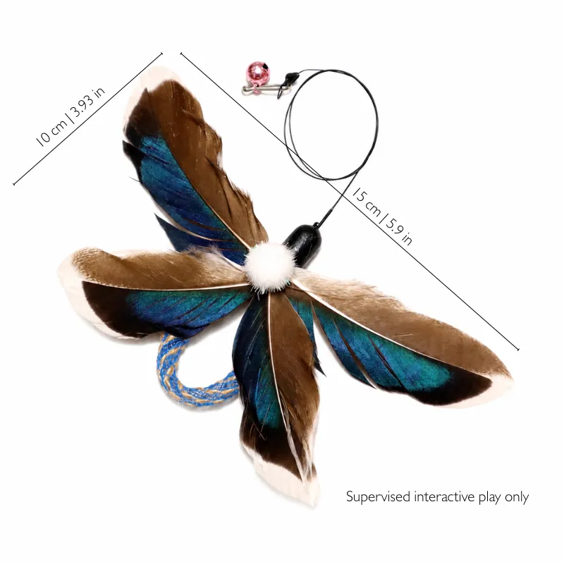 mesh-tubes-cat-flutter-toy-blue-wing-cat-teaser Blue Wing mesh tube cat toy with wide brown and blue feather wings, bell connector, and 15 x 10 cm size.