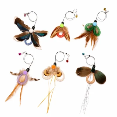 Six Mesh Tubes Cat Flutter Toy Wand Teaser styles with colorful feather wings, mesh loops, shimmer tails, and bell connectors.