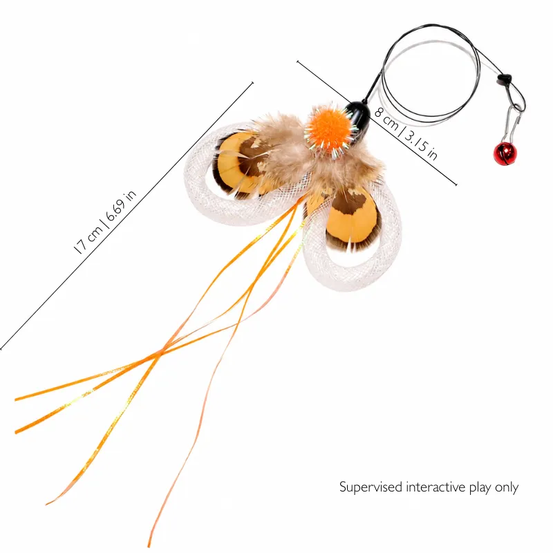 mesh-tubes-cat-flutter-toy-white-loop-cat-teaser White Loop cat teaser with colorful feather wings, springy white mesh tubes, long orange shimmer tails, bell, and 17 x 8 cm size.