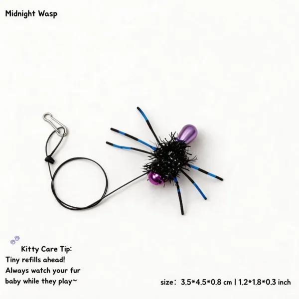 Midnight Wasp cat wand replacement with black fuzzy body, blue silicone antennae, purple bead, and clip