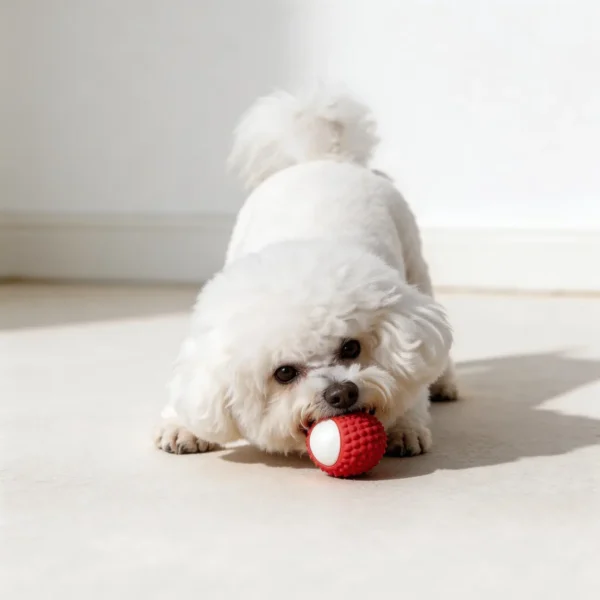 Small white dog chewing a Milky Lychee Squeaky Natural Rubber Dog Chew Toy for dental play and boredom relief