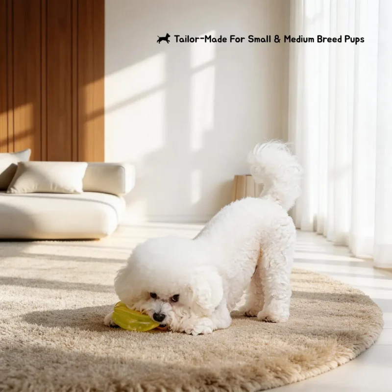 Milky Starfruit Natural Rubber Dog Chew Toy for Small and Medium Dogs Small white dog chewing the Milky Starfruit Natural Rubber Dog Chew Toy, shown as tailor-made for small and medium breed pups.
