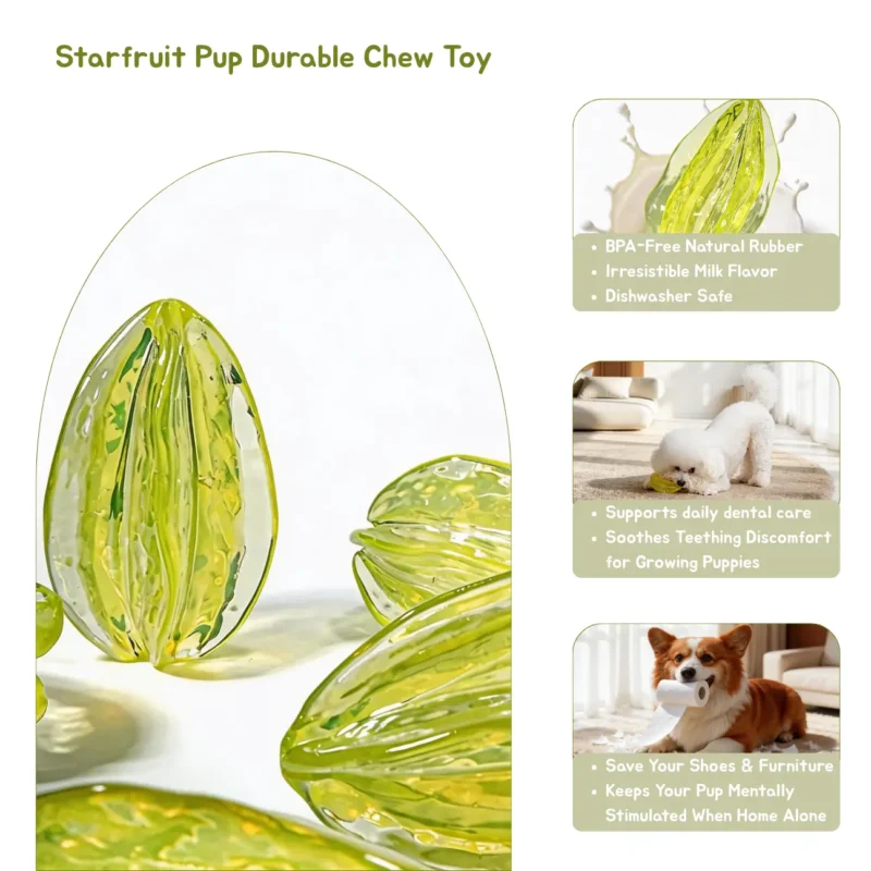 Starfruit Pup Durable Chew Toy Benefits Starfruit Pup Durable Chew Toy infographic showing BPA-free natural rubber, milk flavor, dishwasher-safe design, dental care, teething comfort, and mental stimulation.