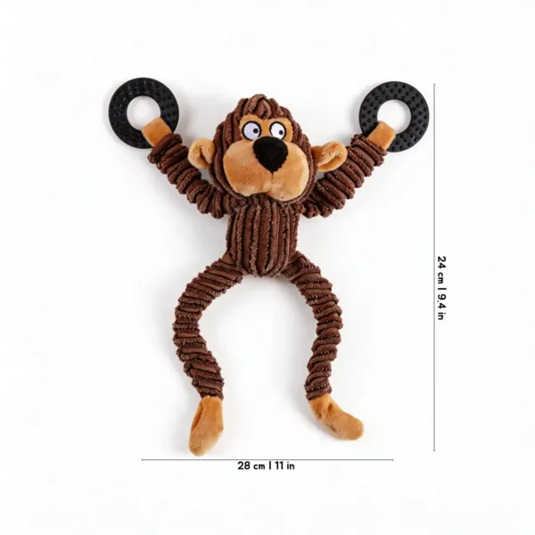 Mischief Monkey Floppy Critter Chew Ring Plush Dog Toy with brown corduroy plush body, black chew rings, floppy limbs, and 28 x 24 cm size.