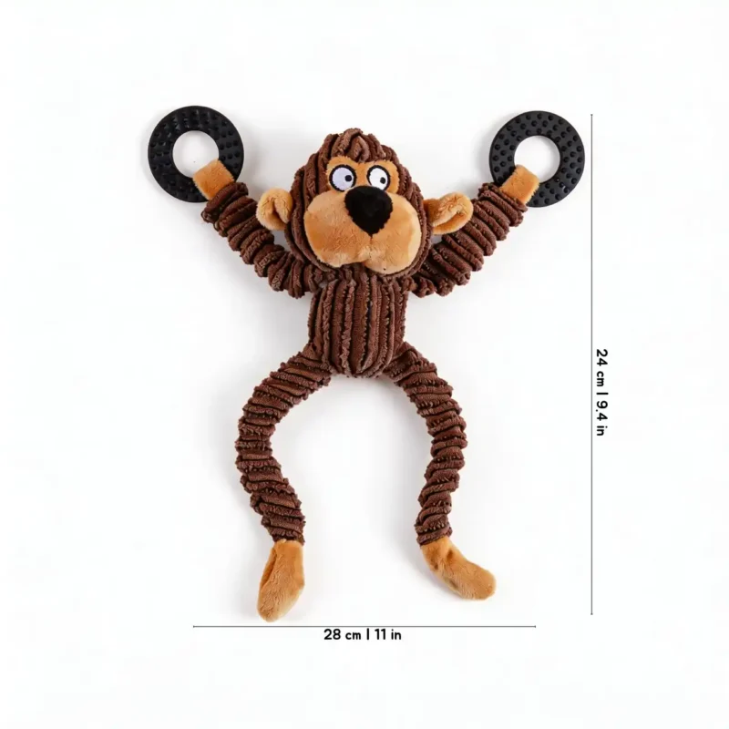 Mischief Monkey Floppy Critter Chew Ring Plush Dog Toy Size Detail Mischief Monkey Floppy Critter Chew Ring Plush Dog Toy with brown corduroy plush body, black chew rings, floppy limbs, and 28 x 24 cm size.