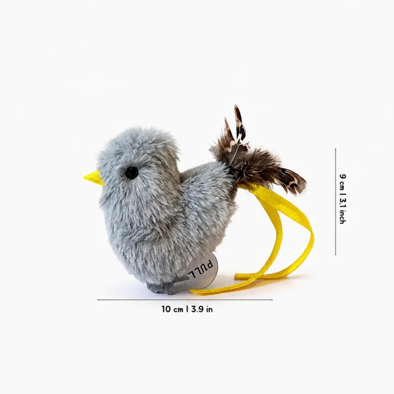 Misty Sparrow Chirpy Bird Tap-Activated Plush Cat Toy in soft gray with yellow ribbon loop and feather tail, shown with size details of 9 cm tall and about 10 cm long.