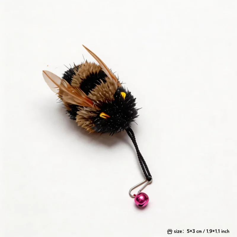 Close-up of a Deer Fur Buzzy Bee Cat Wand Replacement with a fuzzy bee body, soft feather wings, yellow accent eyes, and a pink jingle bell clip.