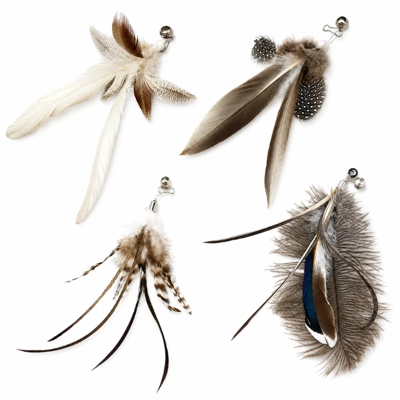 natural-feather-bird-cat-wand-replacement-toys Four natural feather cat wand replacement toys in White Longtail, Brown Longtail, Slim Longtail, and gray Ostrich Plume styles on a white background.