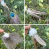 natural-feather-cat-toy-replacement-feathers-outdoors Outdoor close-up collage of peacock, goose, ostrich and duck cat toy replacement feathers with fluffy Bunny Fur and Silvervine centers.