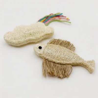 Natural Loofah Cat Chew Toy Fish Rainbow Cloud Main Natural Loofah Cat Chew Toy set featuring Loofah Fish and Rainbow Cloud styles for cats to chew, kick, and bat.