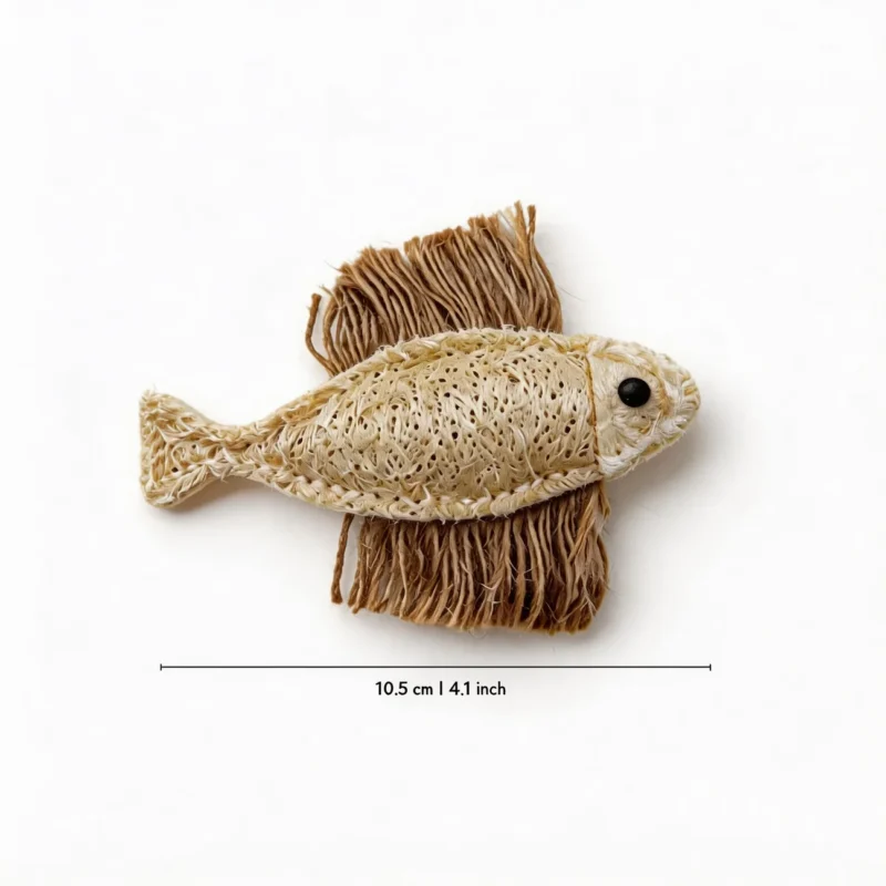 Natural Loofah Cat Chew Toy Loofah Fish Size Loofah Fish Natural Loofah Cat Chew Toy measuring 10.5 cm, designed for cats to chew, hug, pounce, and kick.