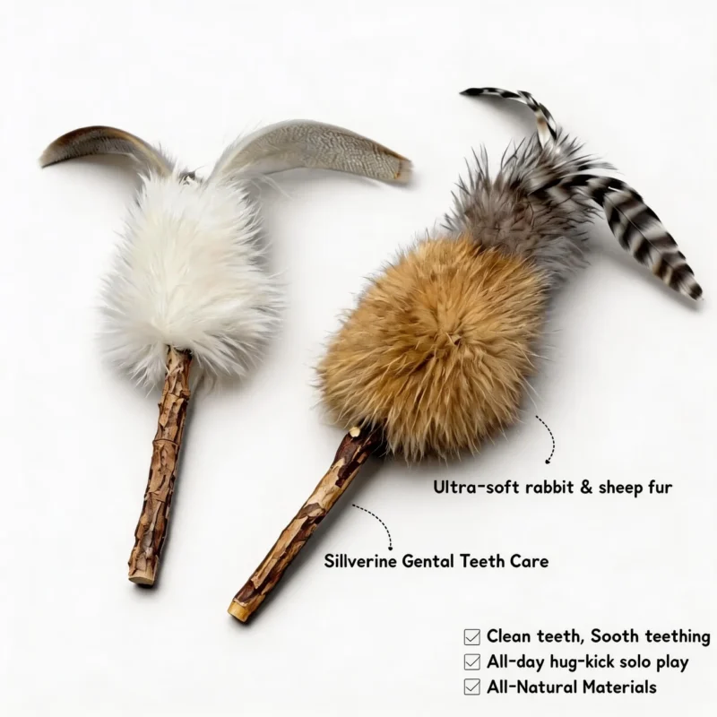 Natural Rabbit Fur & Wool Silvervine Cat Toy Details Two Natural Rabbit Fur & Wool Silvervine Cat Toys on a white background, showing soft fur, natural feathers, silvervine chew sticks, and sensory play details for indoor cats.