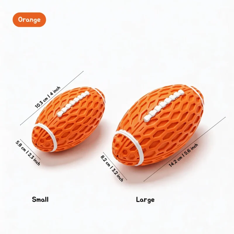 Orange Honeycomb Squeaky Football Dog Toy Small and Large Size Chart Orange Honeycomb Squeaky Football Dog Toy size chart showing Small and Large options, with 10.3 x 5.8 cm and 14.2 x 8.2 cm measurements.