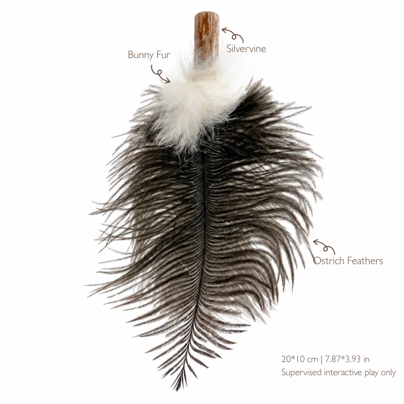 ostrich-feather-interactive-cat-toy-wand-refill-size Ostrich feather interactive cat toy wand refill with a soft airy plume, fluffy Bunny Fur and Silvervine, measuring approximately 20 x 10 cm.