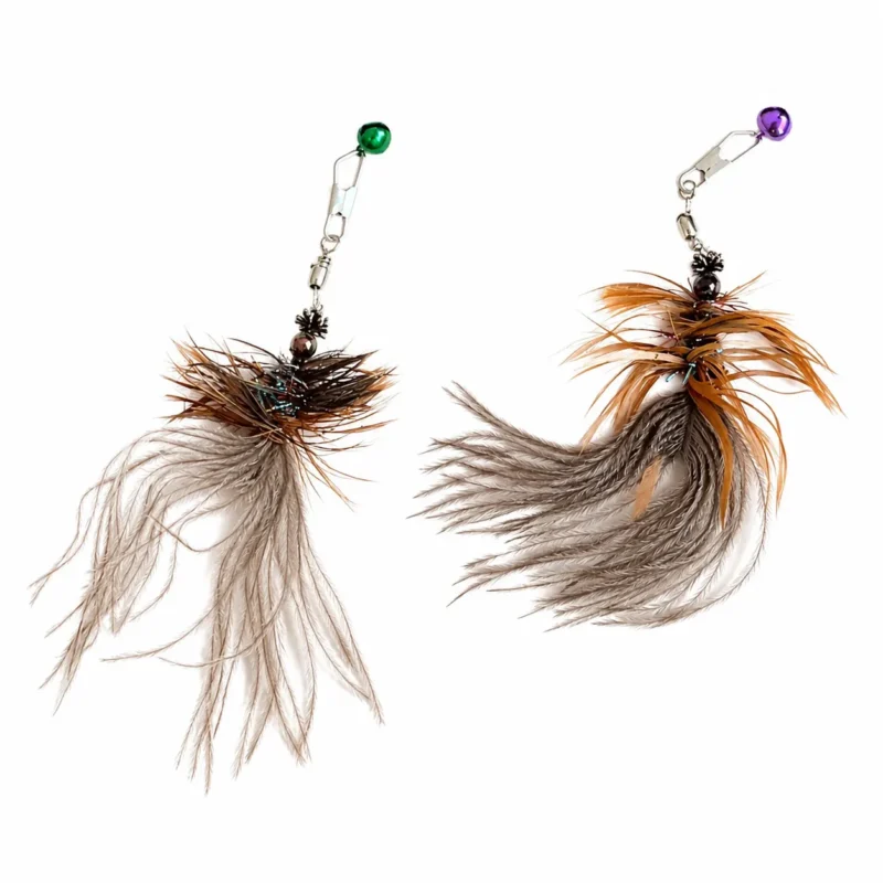 Two feather wand toys for cats showing soft ostrich plumes, structured brown feather bodies, swivel clip connectors, and small bells.