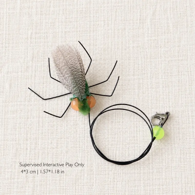Patterned feather fly insect cat wand replacement set showing different colors and designs for rotating hunting toys for cats.