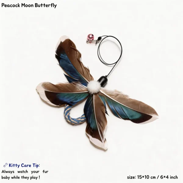 Peacock Moon Butterfly cat wand replacement with blue-green feathers, white pom pom, bell, and braided rope accent