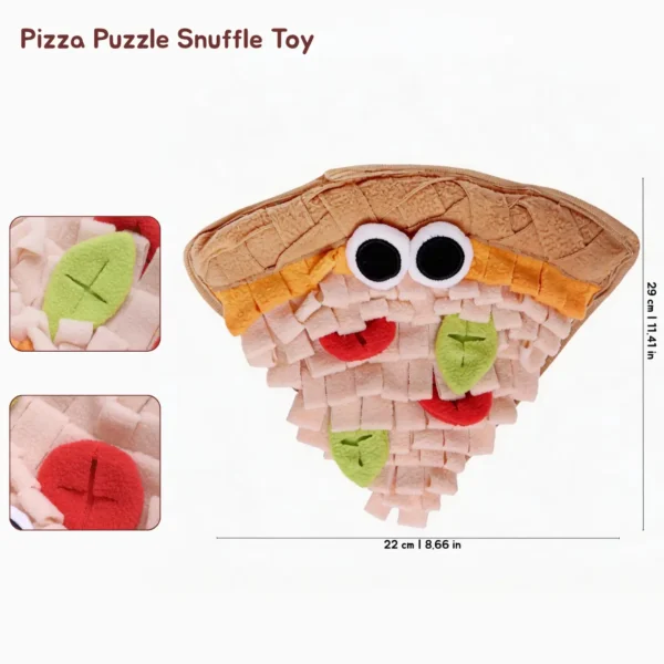 Pizza Fast Food Snuffle Mat Dog Toy, shown as a Pizza Puzzle Snuffle Toy with plush topping pockets, fleece treat strips, and 22 x 29 cm size.