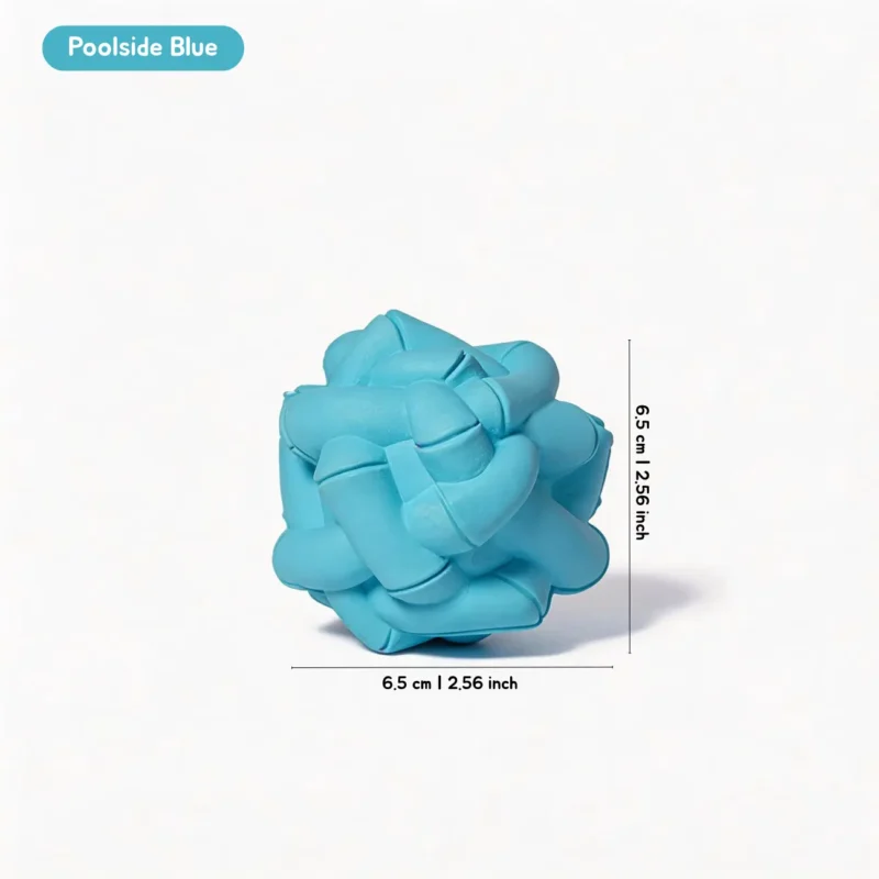 Poolside Blue Bamboo Texture Dog Chew Ball Size Detail Poolside Blue Bamboo Texture Dog Chew Ball with a knotted geometric shape, raised chew texture, and 6.5 x 6.5 cm size.
