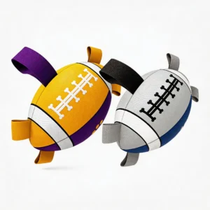 Poolside Tug Football Floating Dog Toy Gold and Violet White and Navy Set Poolside Tug Football Floating Dog Toy set featuring Gold and Violet and White and Navy football designs with textured surfaces and grab tabs.