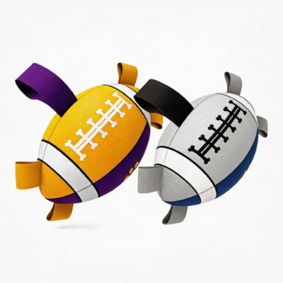 Poolside Tug Football Floating Dog Toy Gold and Violet White and Navy Set Poolside Tug Football Floating Dog Toy set featuring Gold and Violet and White and Navy football designs with textured surfaces and grab tabs.