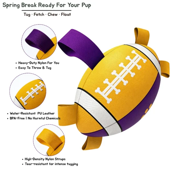 Poolside Tug Football Floating Dog Toy feature graphic showing heavy-duty nylon, easy-throw tug handles, water-resistant PU leather, BPA-free material, and tear-resistant straps.