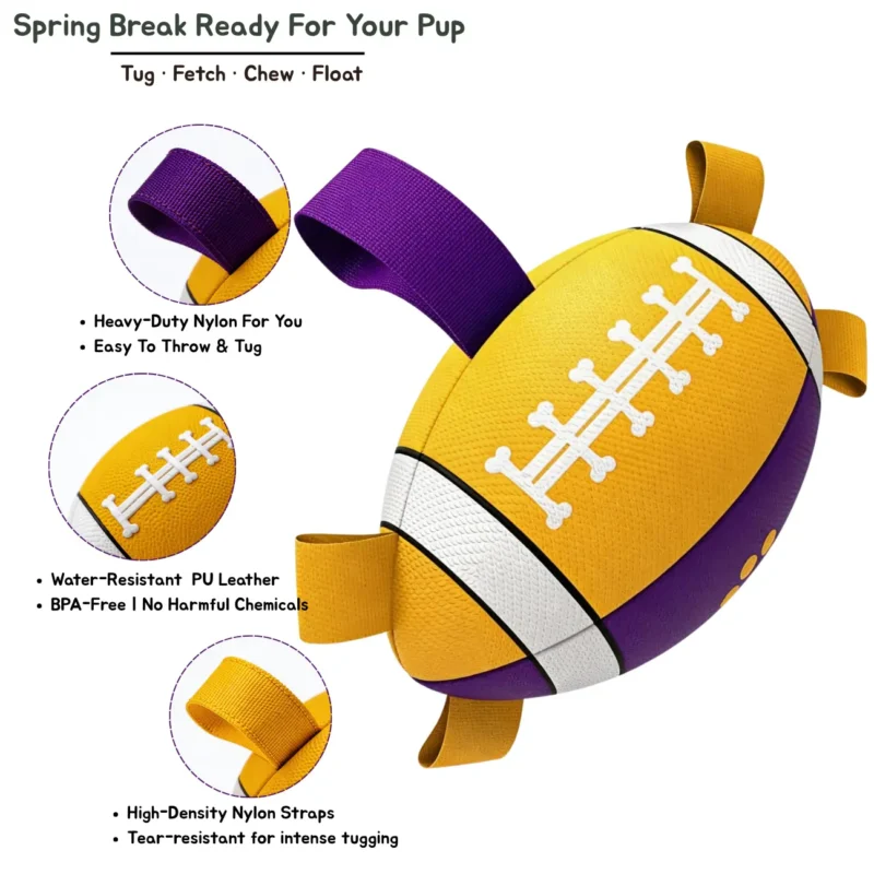 Poolside Tug Football Floating Dog Toy feature graphic showing heavy-duty nylon, easy-throw tug handles, water-resistant PU leather, BPA-free material, and tear-resistant straps.