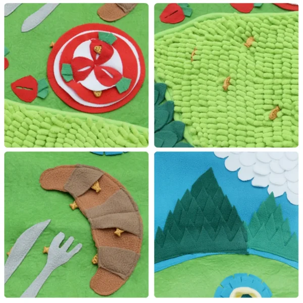 Close-up of Spring Picnic Snuffle Foraging Mat with chenille grass, croissant pocket and layered treat hiding zones