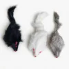Three Rabbit Fur Mouse Scent Enrichment Cat Toy color options in black, white, and grey, each with fuzzy fur texture, pink ears, and a red nose.