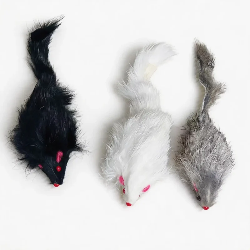 Three Rabbit Fur Mouse Scent Enrichment Cat Toy color options in black, white, and grey, each with fuzzy fur texture, pink ears, and a red nose.
