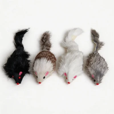 Rabbit Fur Mouse Scent Enrichment Cat Toy in black, brown, white, and grey colors for indoor cats