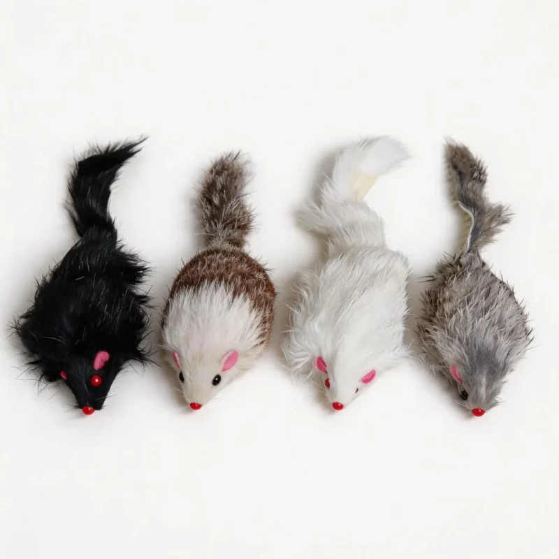 Rabbit Fur Mouse Scent Enrichment Cat Toy in black, brown, white, and grey colors for indoor cats