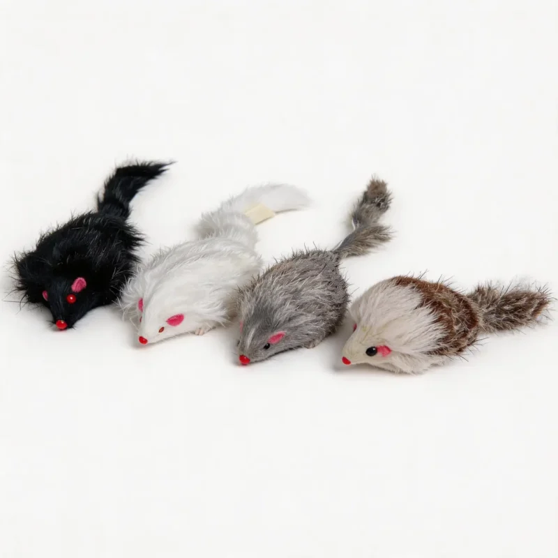 Four Rabbit Fur Mouse Scent Enrichment Cat Toy color options shown together: Black, Brown, White, and Grey, each shaped like a small fuzzy mouse for cats.