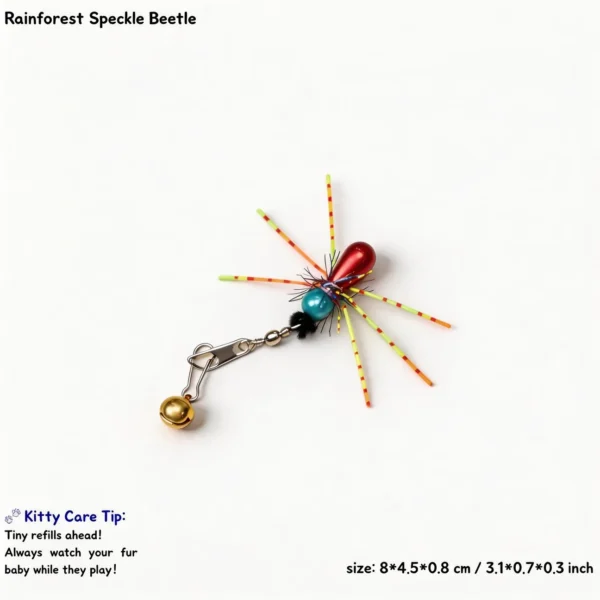 Rainforest Speckle Beetle cat wand replacement with colorful silicone legs, shiny beads, clip, and bell