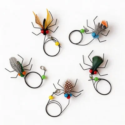 Realistic Feather Bug Cat Wan Replacement Set 5 Pack Flat Lay Realistic Feather Bug Cat Wand Replacement Set with five insect style feather teaser refills in a flat lay.