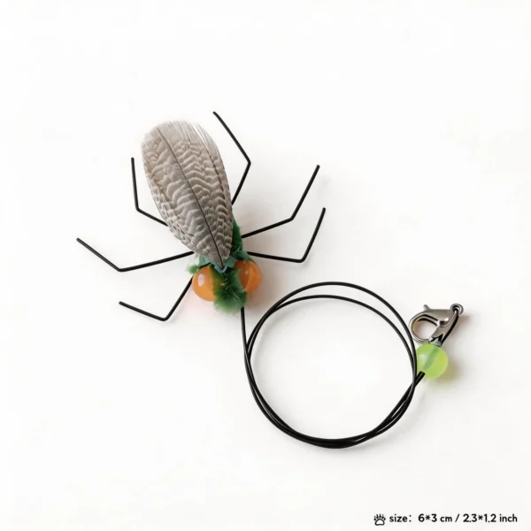 Gray feather realistic bug cat wand replacement with orange bead eyes and long black insect legs.