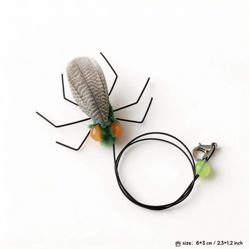 Realistic Feather Bug Cat Wan Replacement Set Gray Feather Orange Eye Gray feather realistic bug cat wand replacement with orange bead eyes and long black insect legs.