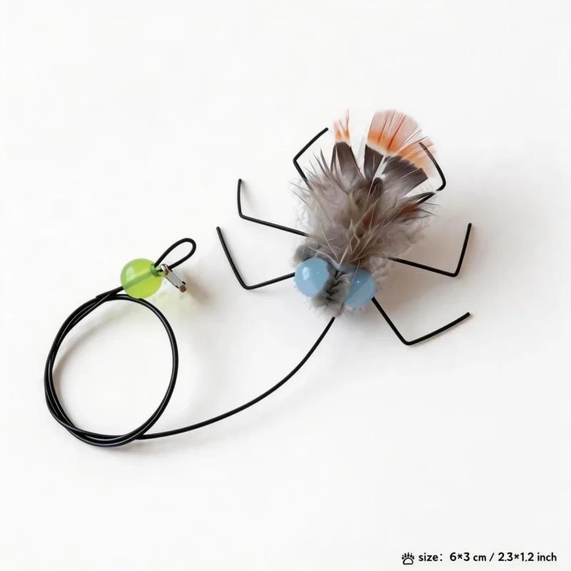 Realistic Feather Bug Cat Wand Replacement Set Gray Orange Feather Blue Eye Gray and orange feather bug cat wand replacement refill with blue bead eyes for interactive cat play.