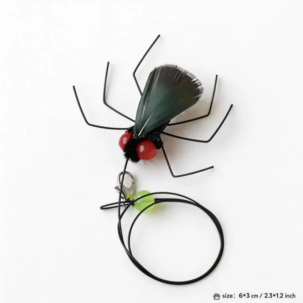 Green wing realistic feather bug cat wand replacement with red bead eyes and long insect legs.