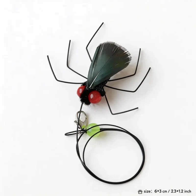 Realistic Feather Bug Cat Wan Replacement Set Green Wing Red Eye Green wing realistic feather bug cat wand replacement with red bead eyes and long insect legs.