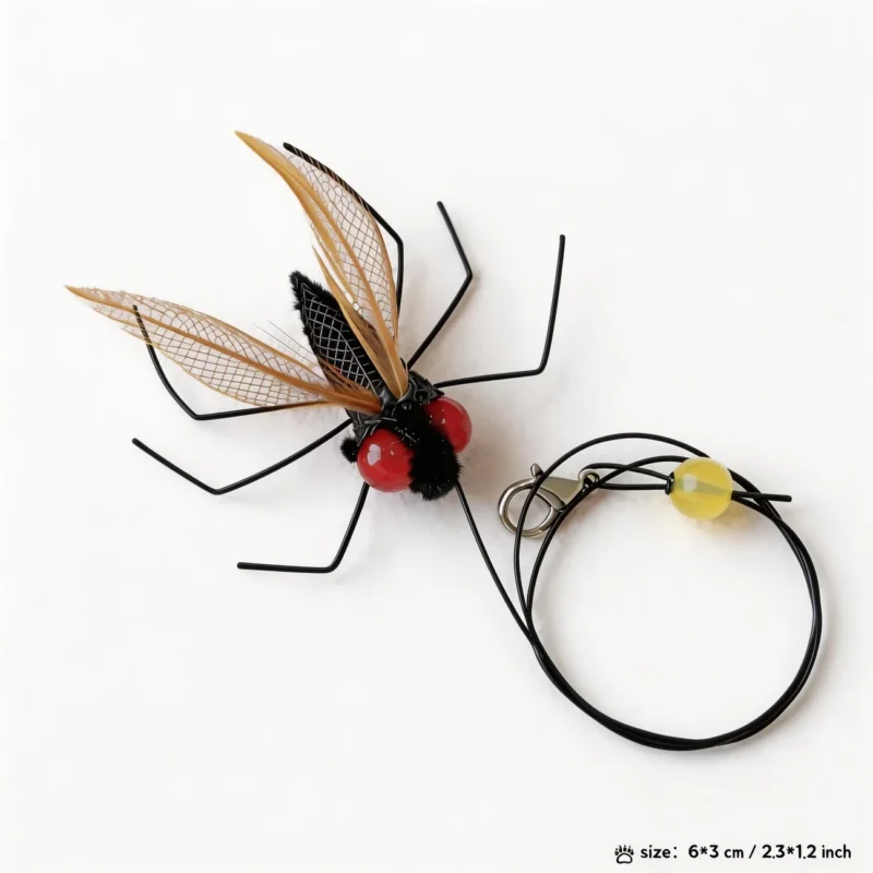 Realistic Feather Bug Cat Wand Replacement Set Transparent Wing Red Eye Transparent wing feather bug cat wand replacement with red bead eyes and realistic insect style legs.