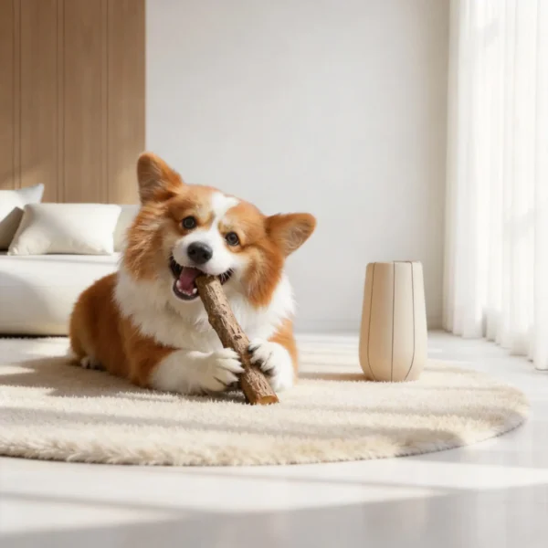 Corgi chewing the SafeStick Branch Dog Chew Toy indoors as a safer stick alternative for everyday enrichment.